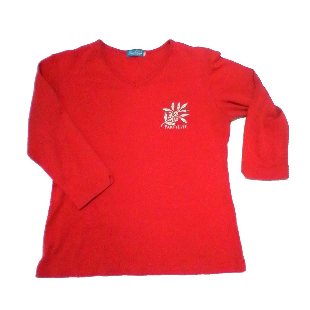 Kay Leigh Designs PartyLite Womens Red V-Neck 3/4 Sleeve Embroidered Logo Top